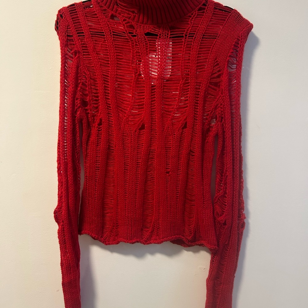 Vibrant Red Cowl Neck Sweater with Textured Knit
